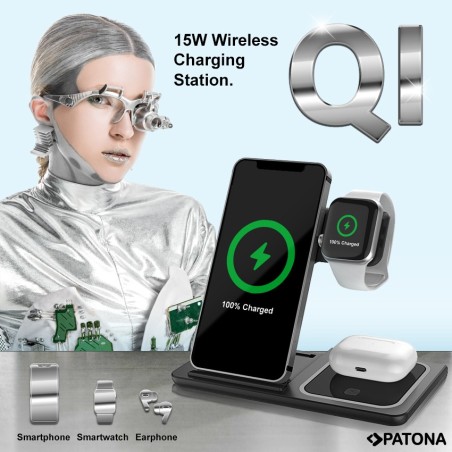 Bezprzewodowa ładowarka PATONA 3w1 QI do smartfona, zegarka iPhone i słuchawek AirPods