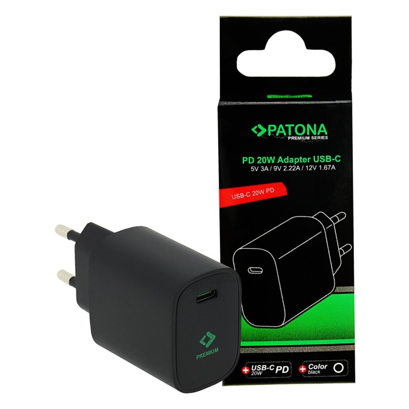PATONA Premium Ładowarka PD20W 5V/3A 9V/2,22A 12V/1,67A USB-C PD3.0 QC3.0 czarna PATONA Premium Ładowarka PD20W 5V/3A 9V/2,22A 12V/1,67A USB-C PD3.0 QC3.0 czarna