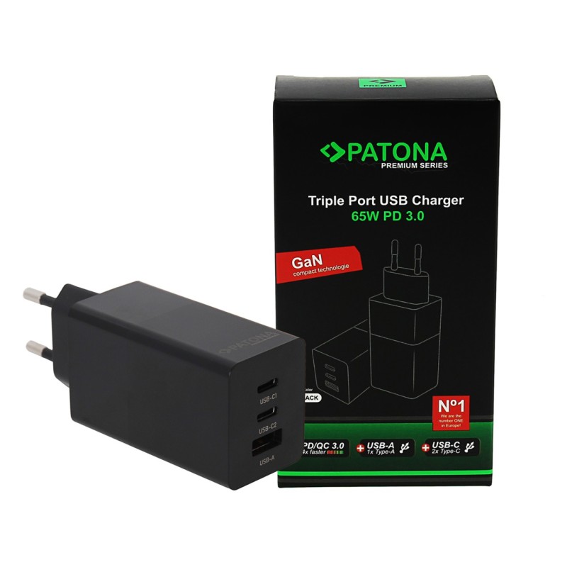 PATONA Premium Ładowarka GaN PD65W 2xUSB-C 1xUSB-A PD3.0 QC3.0 czarna