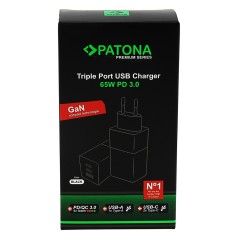 Adapter PATONA Premium GaN PD65W czarny 2xUSB-C 1xUSB-A PD3.0 QC3.0