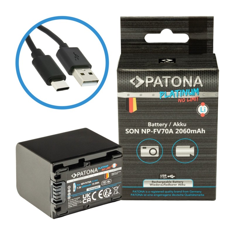 Bateria PATONA Platinum do Sony NP-FV70A DCR-SR100 DCR-DVD703E HDR-CX12E z wejściem USB-C