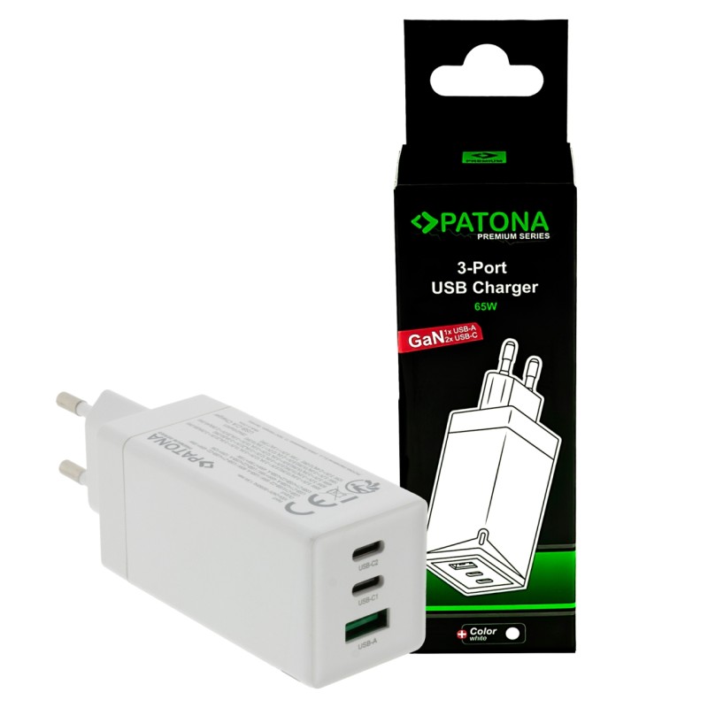 PATONA Premium Ładowarka GaN PD65W 2xUSB-C 1xUSB-A PD3.0 QC3.0 biała