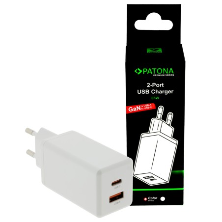 PATONA Premium Ładowarka GaN PD65W 1xUSB-C 1xUSB-A PD3.0 QC3.0 biała
