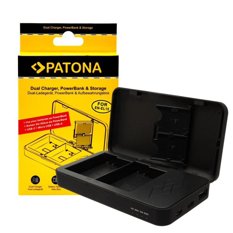 Podwójna ładowarka PATONA do aparatu Nikon EN-EL15 D500 D750 D780 D800 Z5 Z6 Z6 II Z7 z funkcją power banku i miejscem na kartę