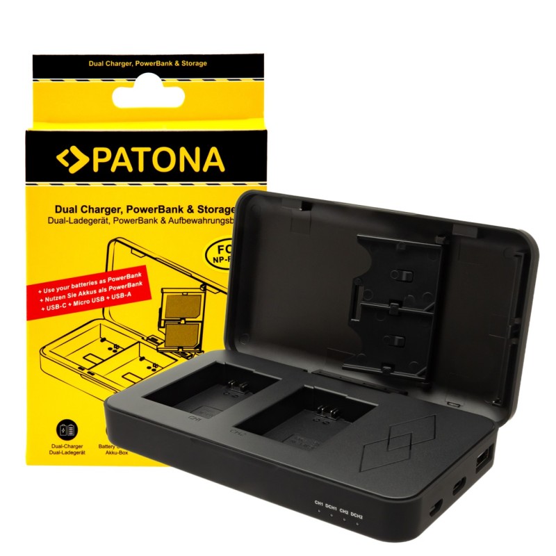 Podwójna ładowarka PATONA do Sony NP-FW50 NEX.3 NEX.5NEX-7 NEX-C3 A33 A55 z funkcją power banku i miejscem na kartę pamięci