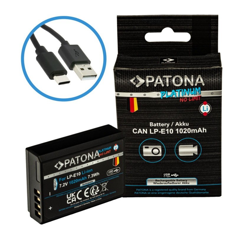 Bateria PATONA Platinum z wejściem USB-C do Canona LP-E10 LPE10 EOS1100D EOS 1100D