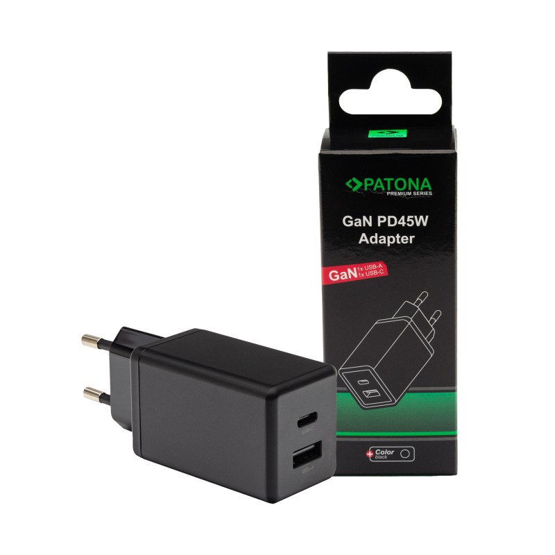 PATONA Premium Ładowarka GaN PD45W 1xUSB-C 1xUSB-A PD3.0 QC3.0 czarna PATONA Premium Ładowarka GaN PD45W 1xUSB-C 1xUSB-A PD3.0 QC3.0 czarna