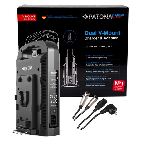 PATONA Platinum Ładowarka 2-kanałowa dla akumulatorów V-Mount 6Ax2 USB-C PD100W z kablem 4-Pin XLR
