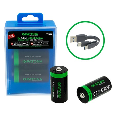 PATONA Premium 2x Akumulatory LR14 Baby C z USB-C i kablem USB-C z 1x do 2x