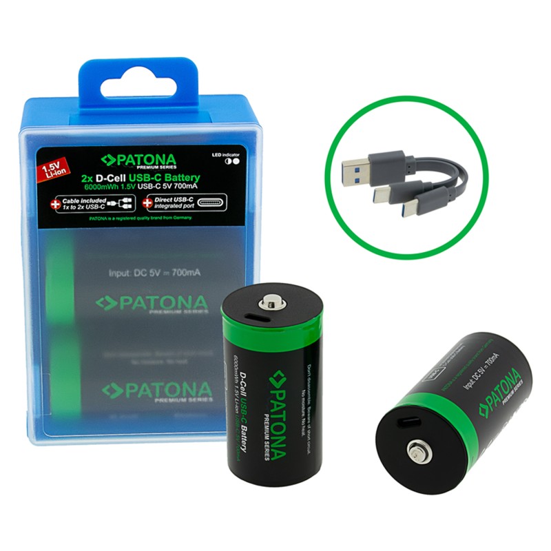 PATONA Premium 2x Akumulatory LR20 Mono D z USB-C i kablem USB-C z 1x do 2x