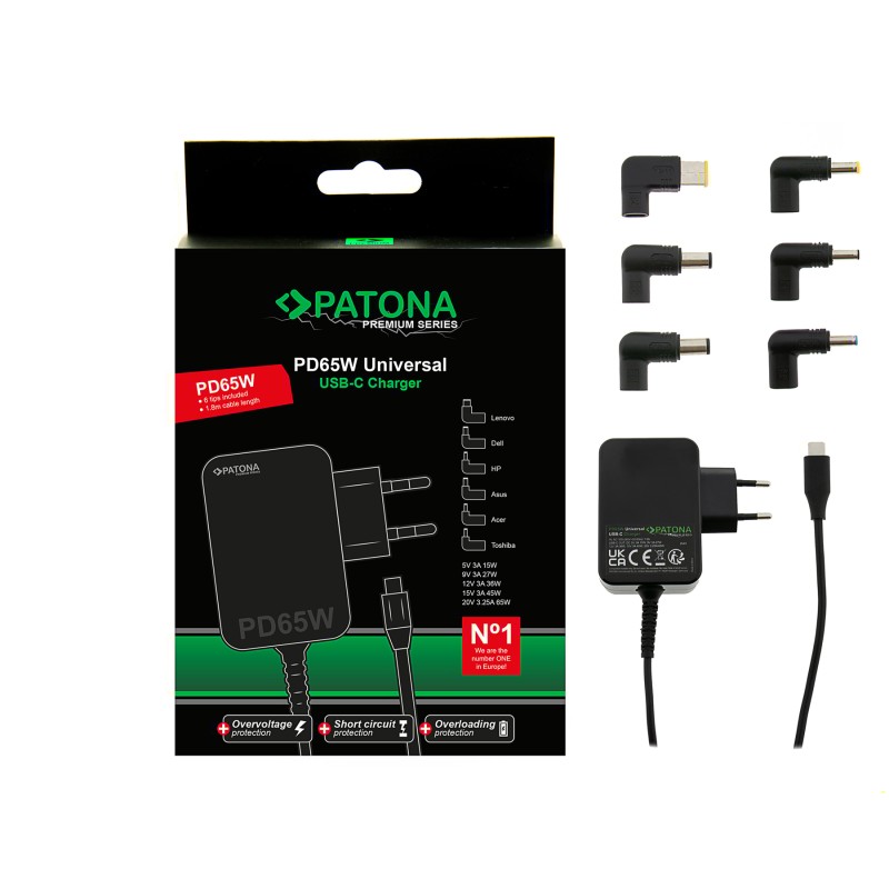 PATONA Premium Ładowarka Uniwersalna PD65W 5V/3A 9V/3A 12V/3A 15V/3A 20V/3.25A USB-C do Asus Lenovo Dell itp.