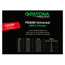 PATONA Premium Ładowarka Uniwersalna PD65W 5V/3A 9V/3A 12V/3A 15V/3A 20V/3.25A USB-C do Asus Lenovo Dell itp.