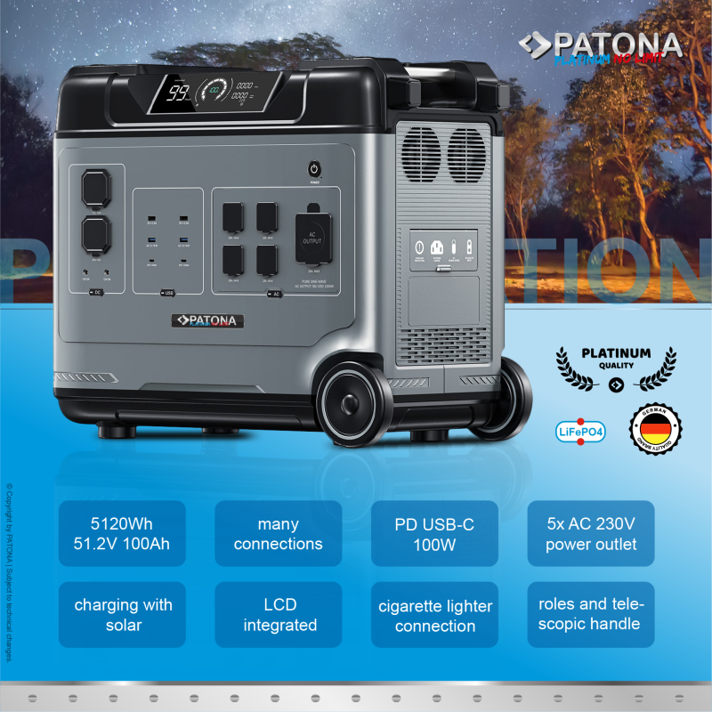 PATONA Platinum Powerstation Autarc 5000 Pro / 5120Wh PD100W USB-C USB-A QC AC DC / LiFePO4 PATONA Platinum Powerstation Autarc 5000 Pro / 5120Wh PD100W USB-C USB-A QC AC DC / LiFePO4