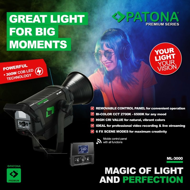 PATONA Premium Profesjonalna lampa foto-wideo LED 300W COB ML-3000 z mocowaniem Bowens + torba transportowa