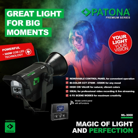 PATONA Premium Profesjonalna lampa foto-wideo LED 300W COB ML-3000 z mocowaniem Bowens + torba transportowa