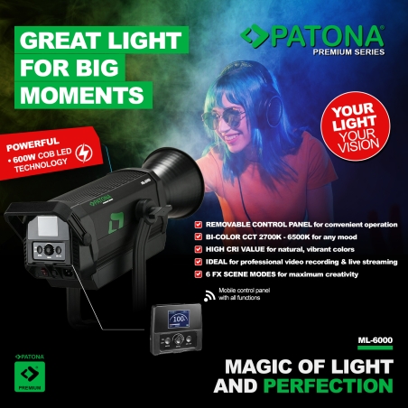 PATONA Premium Profesjonalna lampa foto-wideo LED 600W COB ML-6000 z mocowaniem Bowens + torba transportowa