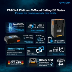 PATONA Platinum Akumulator V-Mount BP-75W PD65 74Wh USB-C USB-A D-Tap Wyjście DC w zestawie z twardym etui ochronnym