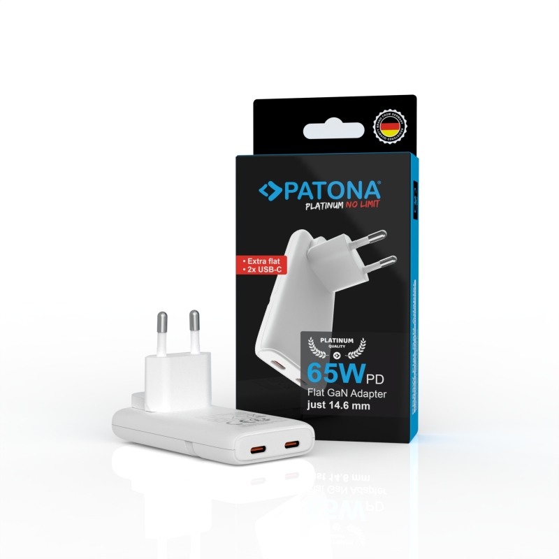 PATONA Platinum Ładowarka płaska GaN PD65W 2x USB-C PD3.0 QC3.0 (biała)
