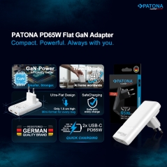 PATONA Platinum Ładowarka płaska GaN PD65W 2x USB-C PD3.0 QC3.0 (czarna)