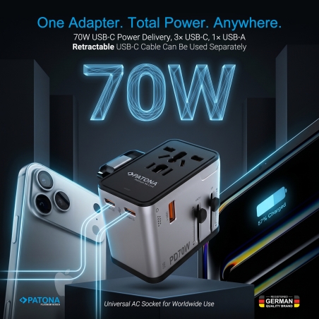 PATONA Platinum Uniwersalny adapter podróżny PD70W (2597) – 3× USB-C + 1× USB-A z magnetycznym zwijaczem kabla USB-C