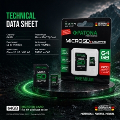PATONA Premium Karta pamięci Micro SD XC 64GB Class 10 U3 V60 z adapterem SD