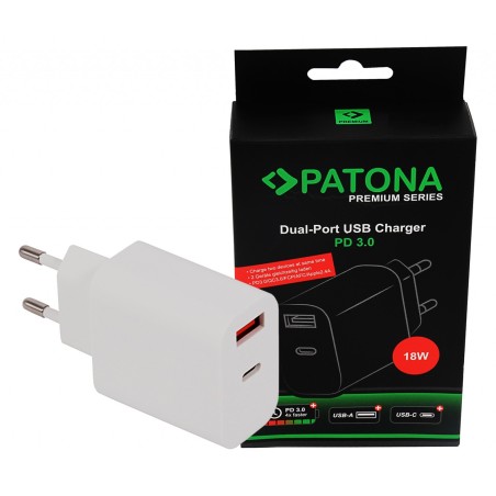 Zasilacz PATONA Premium PD18W 5V/3,0A 9V/2,0A 12V/1,5AA 1xUSB-C 1xUSB-A PD3.0 QC3.0 biały